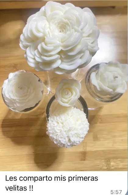 Velas blancas con forma de rosas. Mensaje: Les comparto mis primeras velitas