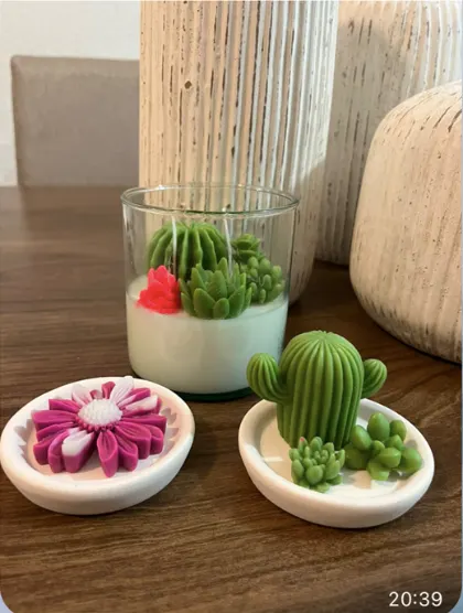 Velas con forma de cactus y flor en recipientes de cerámica