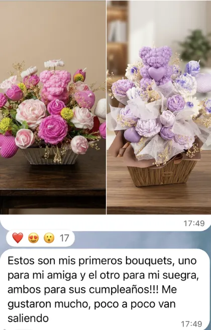 Dos ramos de flores hechos con velas. Mensaje: mis primeros bouquets, para mi amiga y para mi suegra