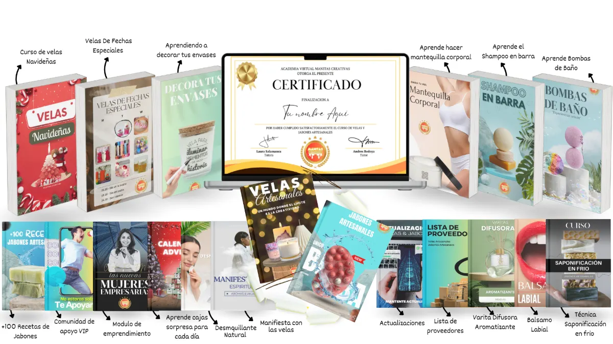 Mockup de todo lo que incluye el curso: programas, bonos y certificado