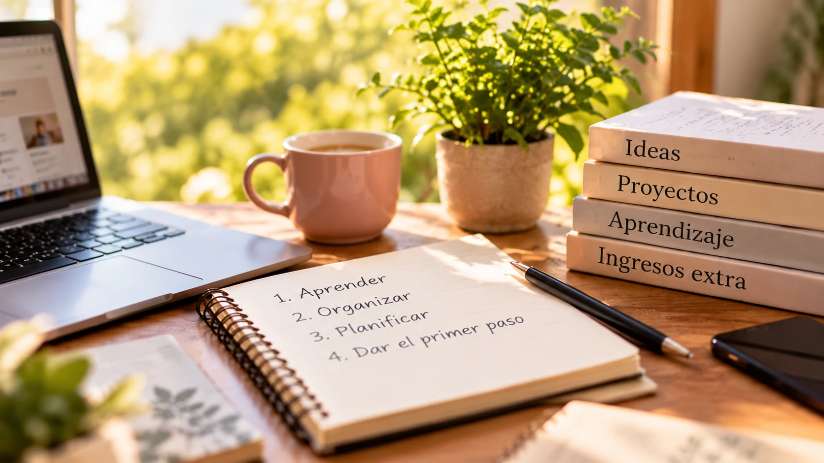 Mesa de trabajo junto a una ventana: cuaderno con los pasos aprender, organizar, planificar y dar el primer paso, una taza, una planta y libros de ideas, proyectos, aprendizaje e ingresos extra
