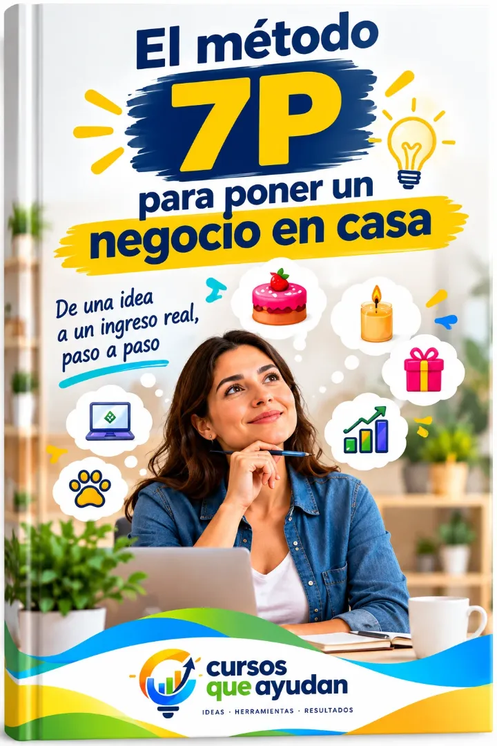 Portada del ebook El método 7P para poner un negocio en casa, de Cursos Que Ayudan: una mujer piensa ideas de negocio como repostería, velas, regalos, mascotas y ventas por internet.