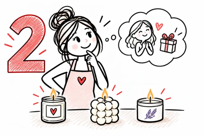 Carla eligiendo entre tres velas su primer producto e imaginando a quién se lo regalaría